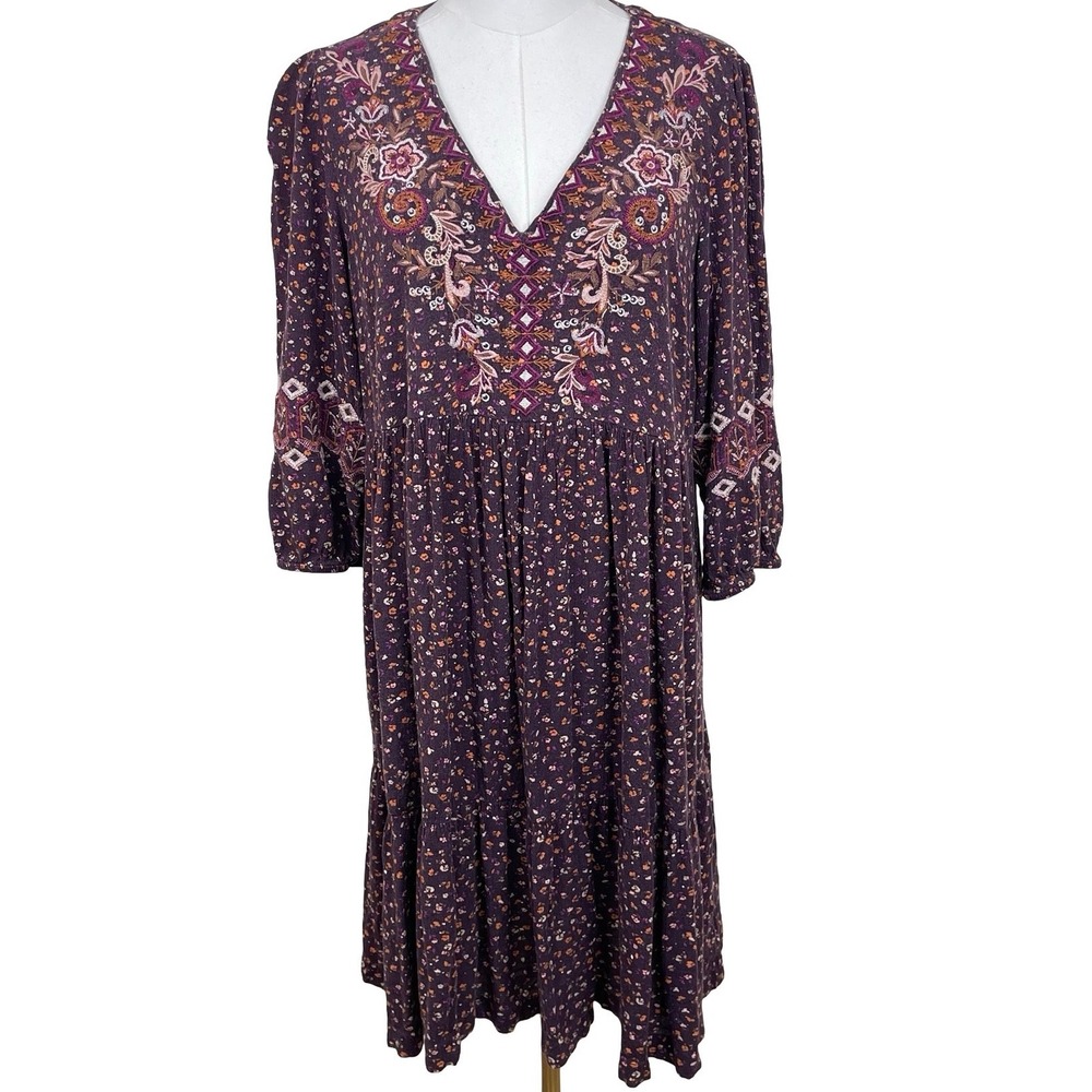 J. Jill Purple Floral Midi Dress with Embroidered Yoke